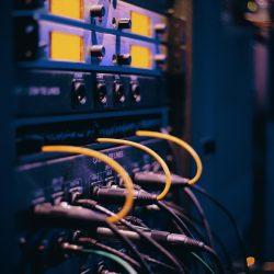 Close-up of network cables and ports in a server rack, showcasing connectivity.